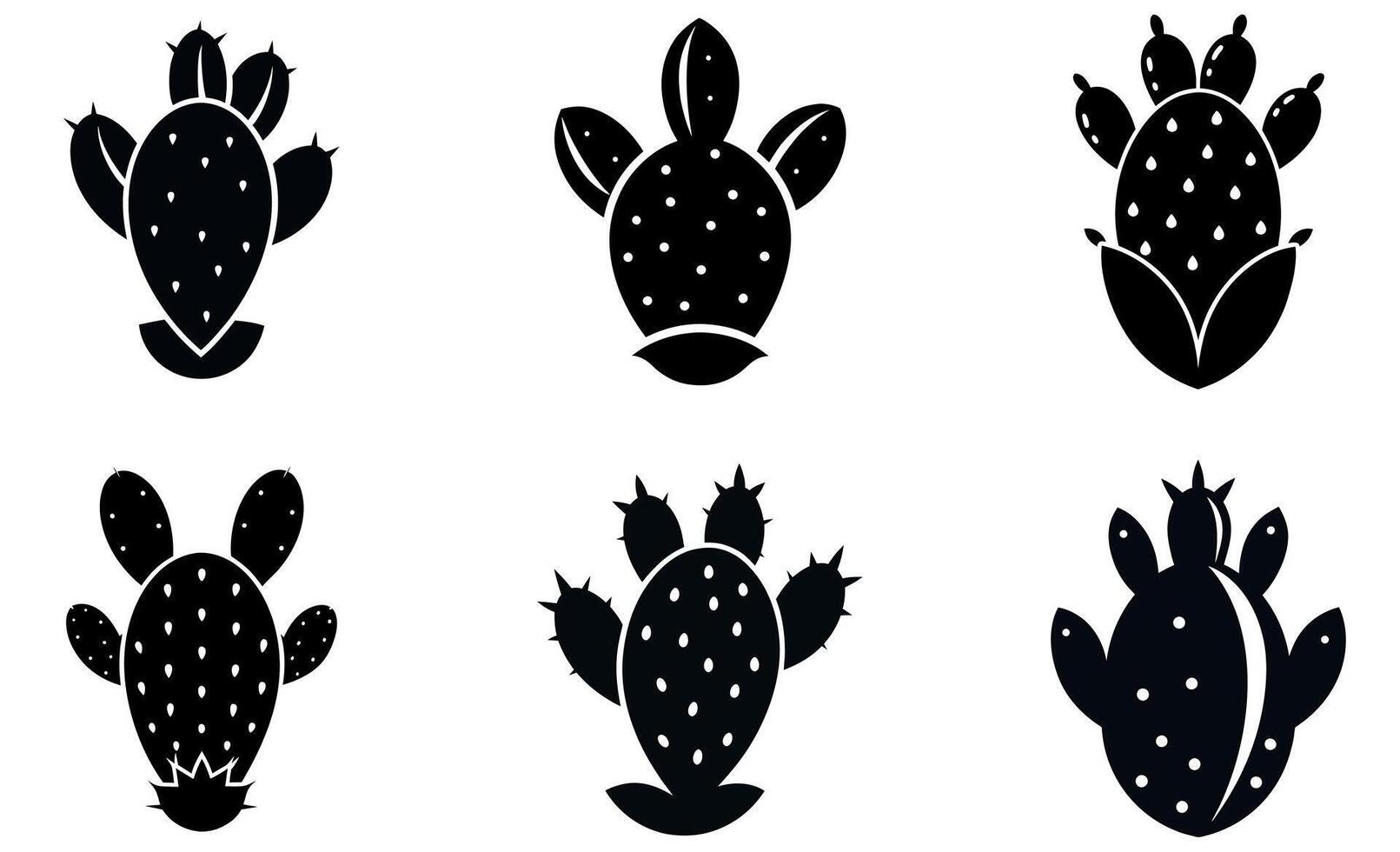This image showcases six black silhouette icons of prickly pear cactus. design vector