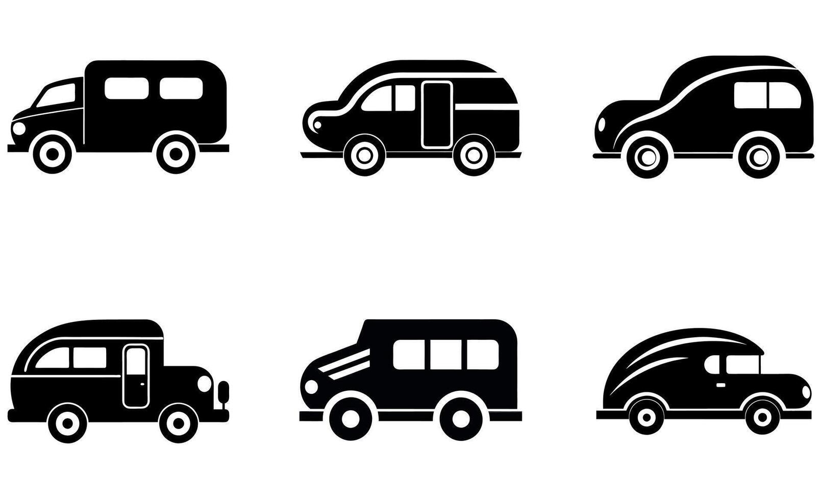Collection of black and white silhouette icons representing different types of vehicles. vector