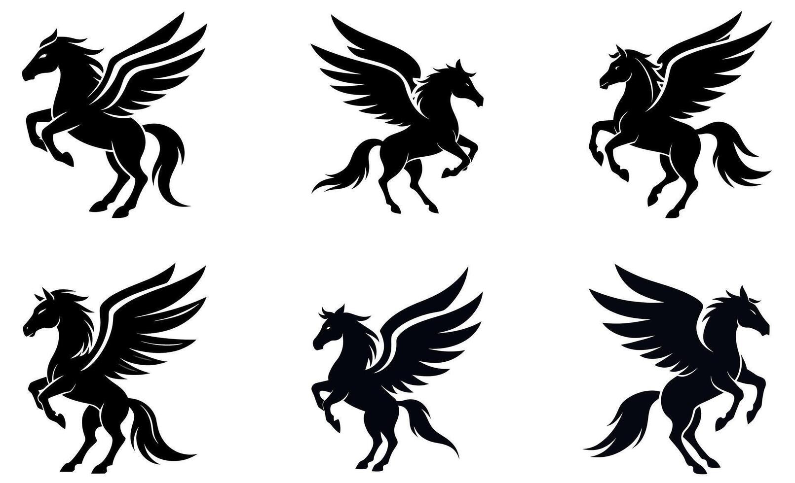 Six Silhouettes of Majestic Pegasus Horses design vector
