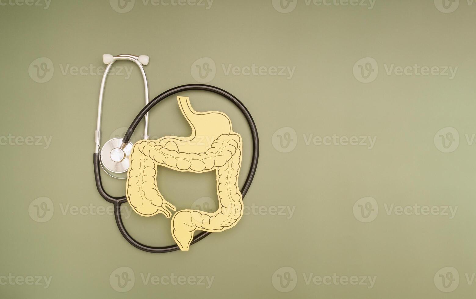 Top view of a stethoscope and large intestine symbol made on a green background photo
