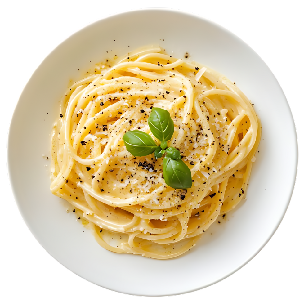 Plate of creamy spaghetti with basil garnish with transparent background png