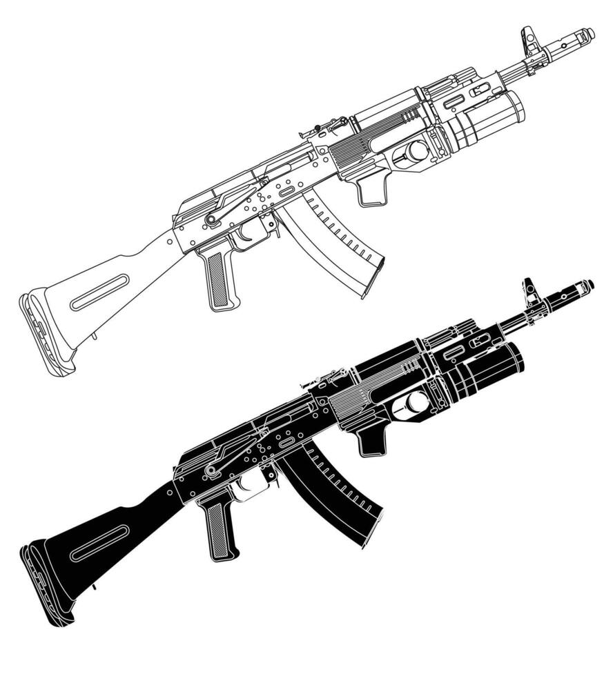 Black and white assault rifle with grenade launcher vector