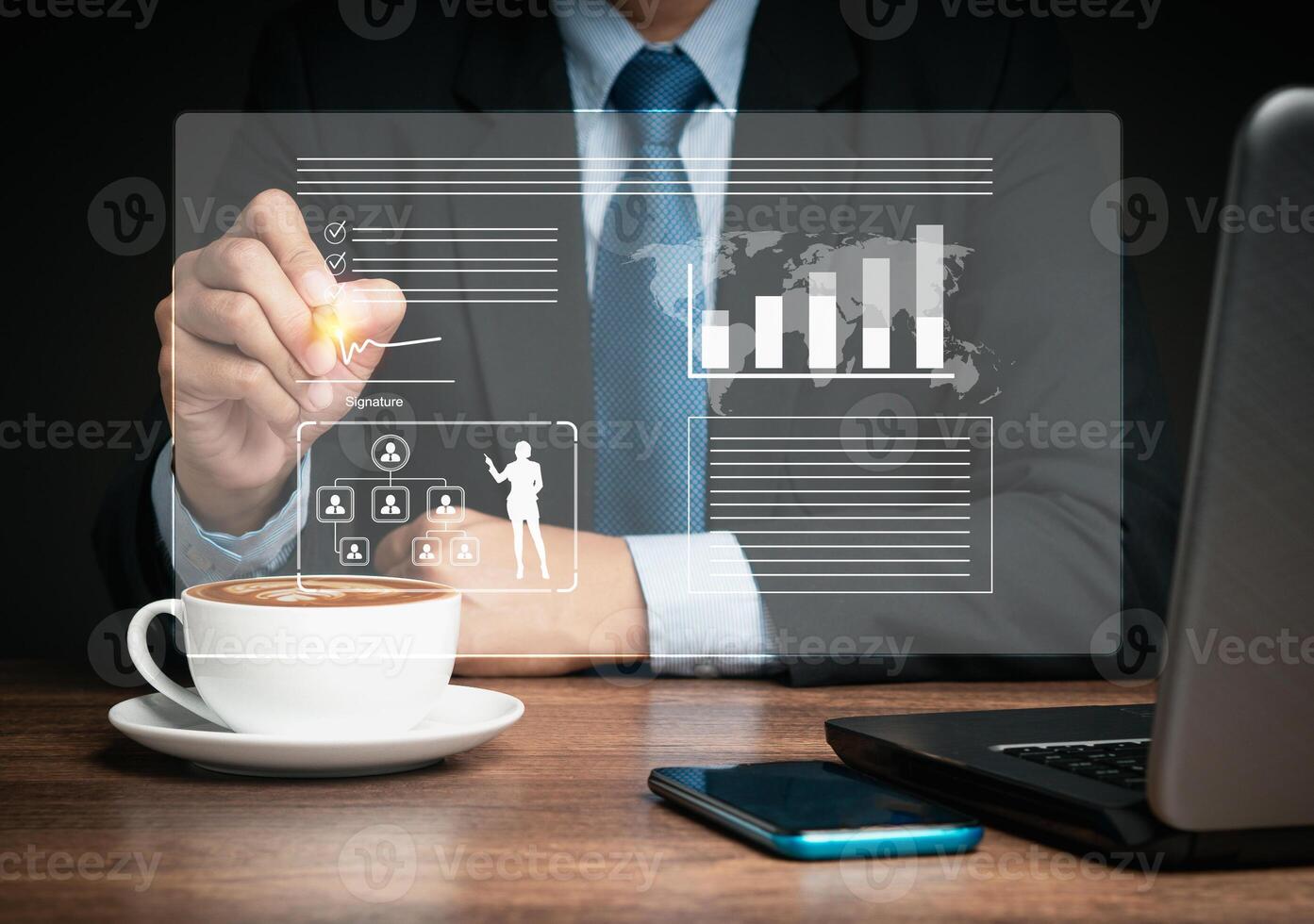 Businessman uses a pen to sign electronic documents on a virtual screen while sitting at the table. Close-up. photo