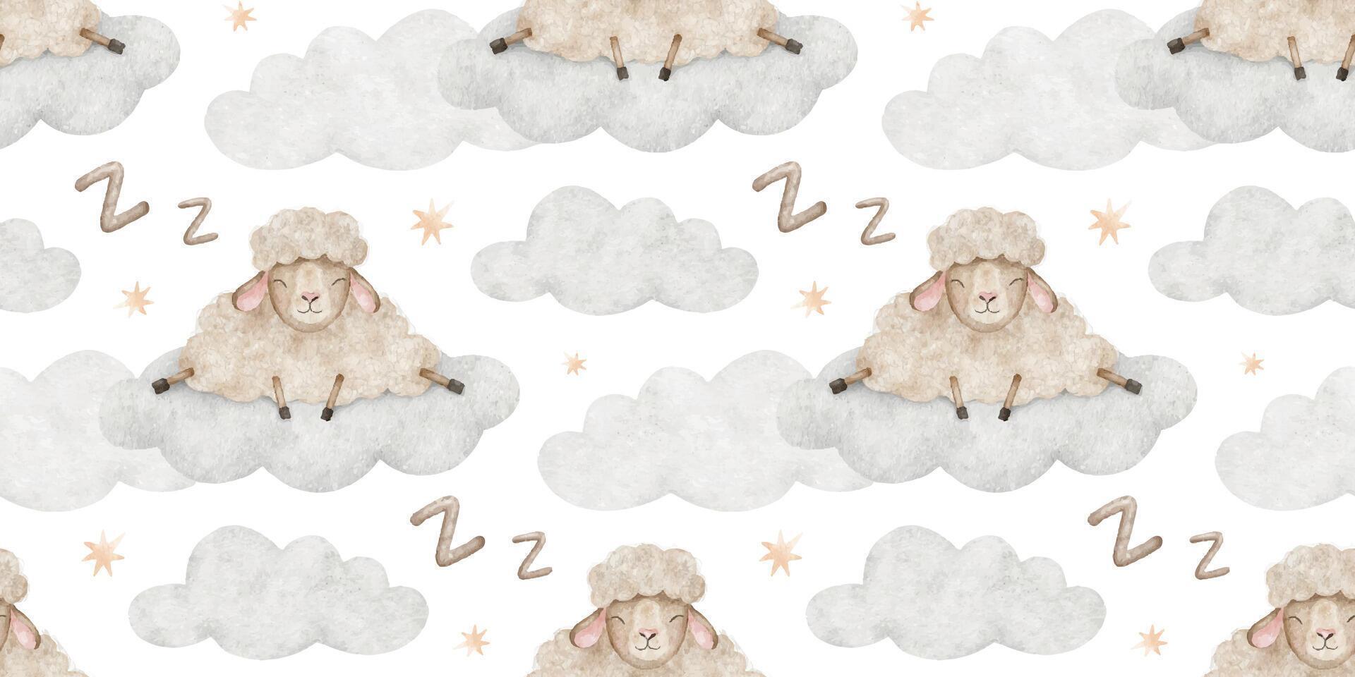 Sheep sleeping on clouds among stars. Watercolor nursery seamless pattern of dreamy beige lamb animal. Kids background for wrapping paper, textile, linen, baby shower, wallpaper, pajamas vector