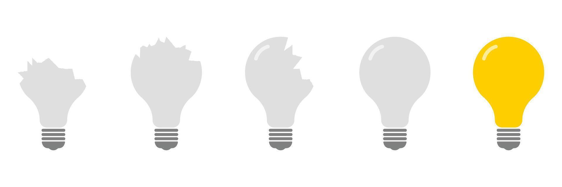 Shattered To Whole Light Bulb Evolution Icon Set. Broken And Fixed Bulbs Symbol Collection. Isolated Illustration vector