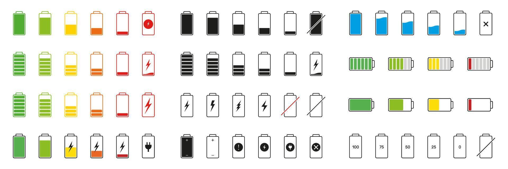 Battery Status Icon Set. Battery Charge Levels Silhouette Symbol Collection. Isolated Illustration vector