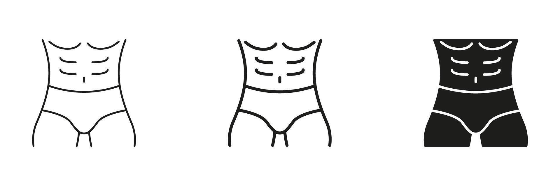 Abdominal Man Muscles Line and Silhouette Icon Set. Strength and Bodybuilding Outline and Solid Symbol. Physical Fitness And Weight Management. Editable Stroke. Isolated Illustration vector