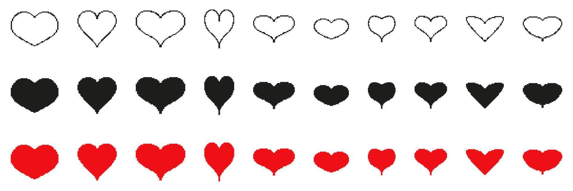 Heart Pixelated Icon Set. Pixel Art Symbol Collection Of Heart Shapes In Various Colors And Sizes. Isolated Illustration vector