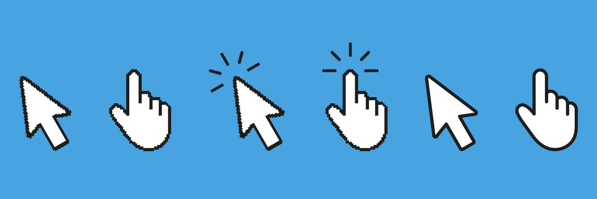 Cursor And Pointer Icons Pixelated Icon Set. Pixel Art Symbol Collection Of Cursors And Hands. Isolated Illustration vector