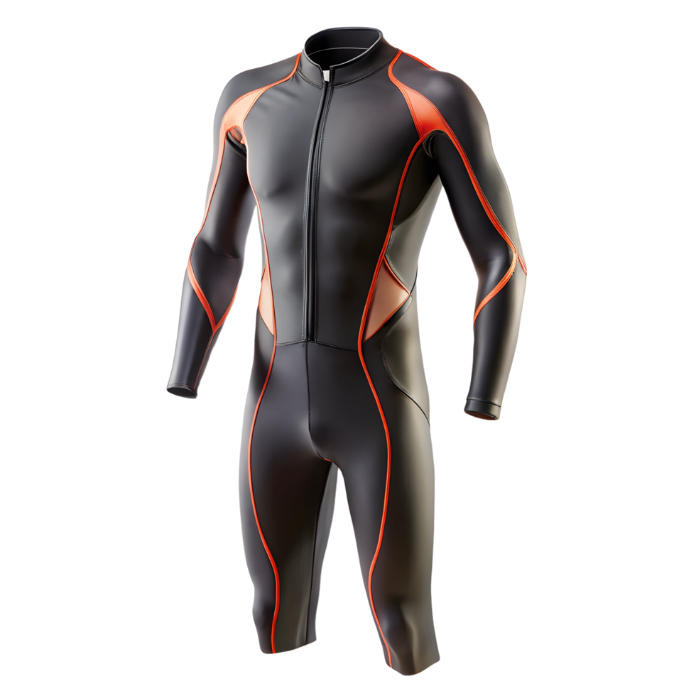 A black and orange wetsuit with a zipper png