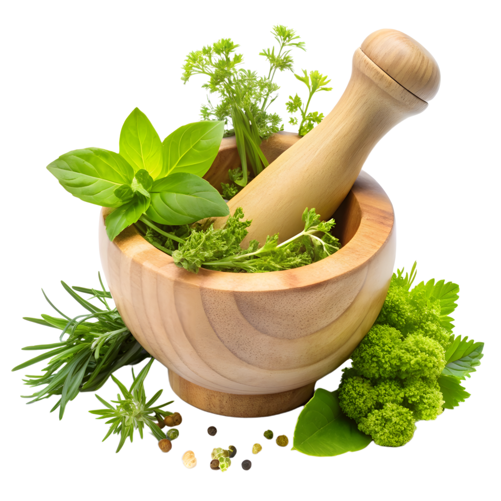 Herbs and spices in a mortar and pestle png