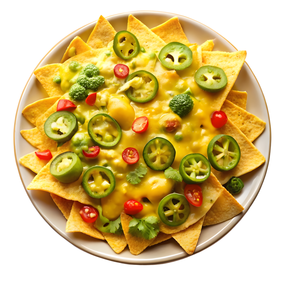A plate of nachos with cheese and peppers png