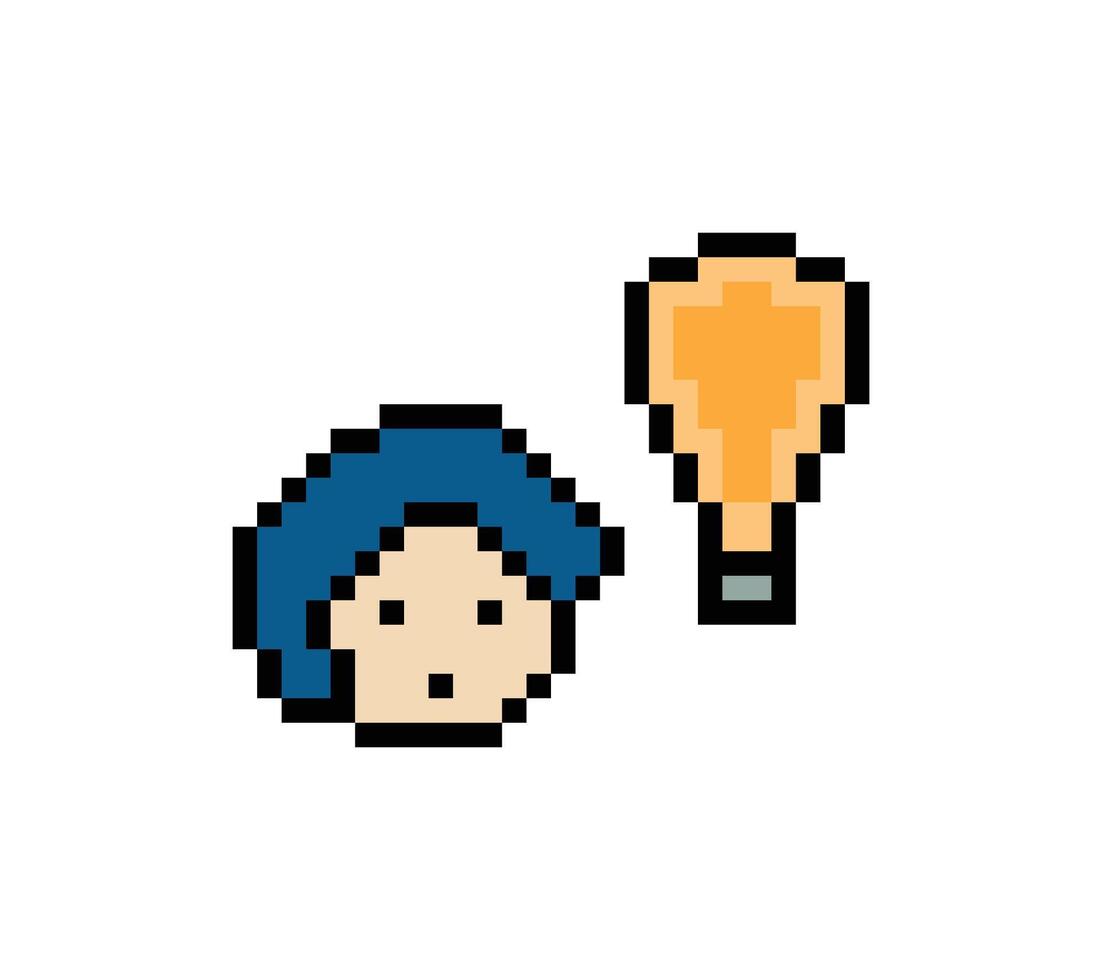 Pixel art 8 bit face of man boy male and light blub idea creative art. vector