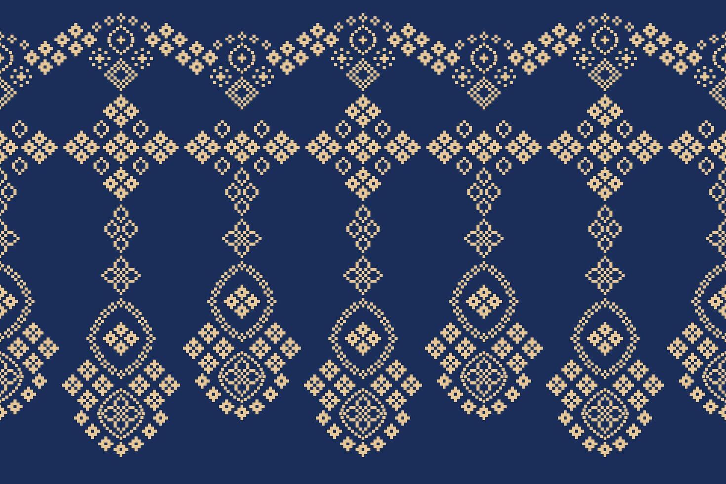 Cross stitch with blue color background fabric pattern motif pixel art ethnic. vector