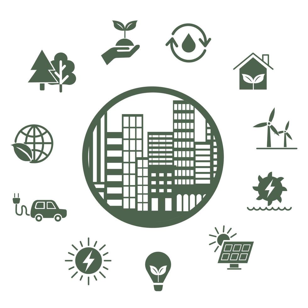 Energy sources for a clean city. Green flat set of icons related to renewable energy sources. vector