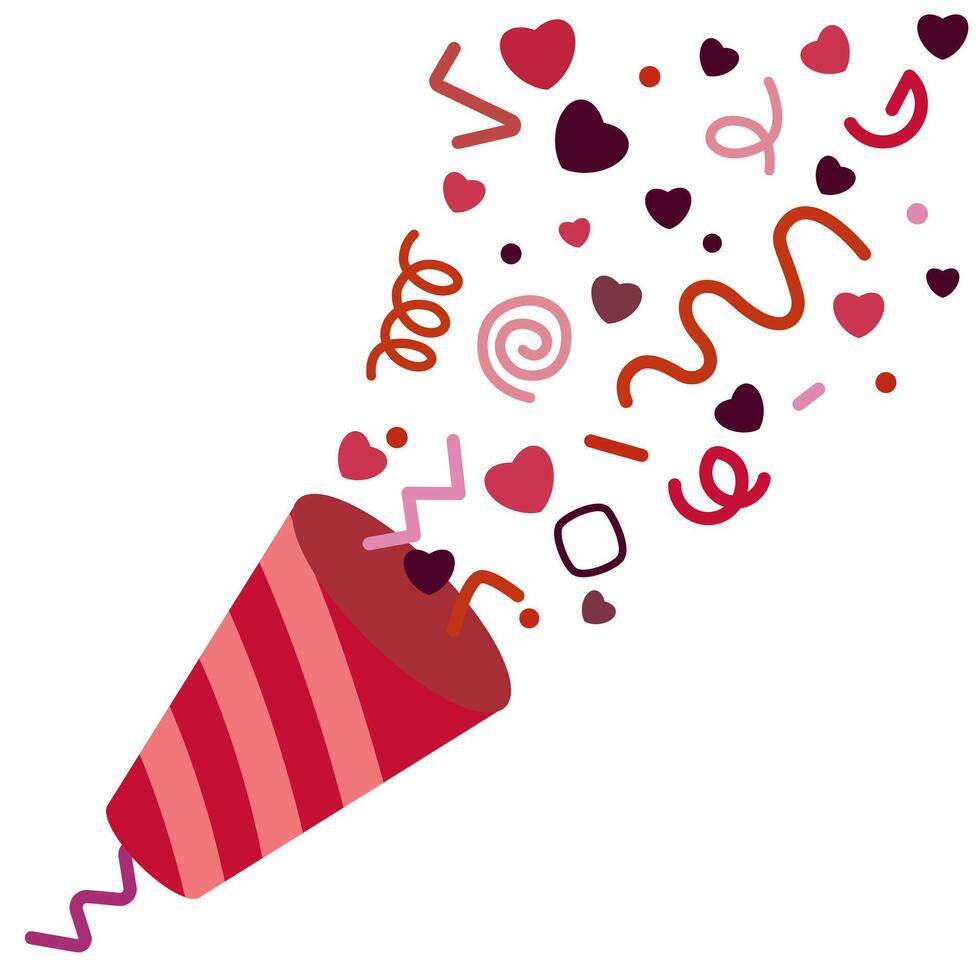 Valentine's Day Surprise. Red Cartoon Explosive Confetti. Ribbon in Colorful Fireworks. vector