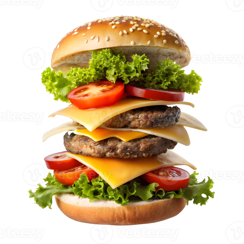 A hamburger with cheese, tomatoes and lettuce png