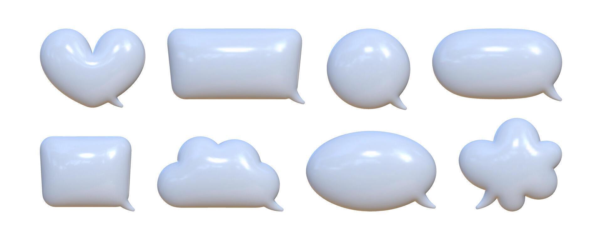 Inflated 3D speech bubbles with a reflective texture displayed against a neutral background, showcasing various shapes and sizes ideal for creative communication designs vector