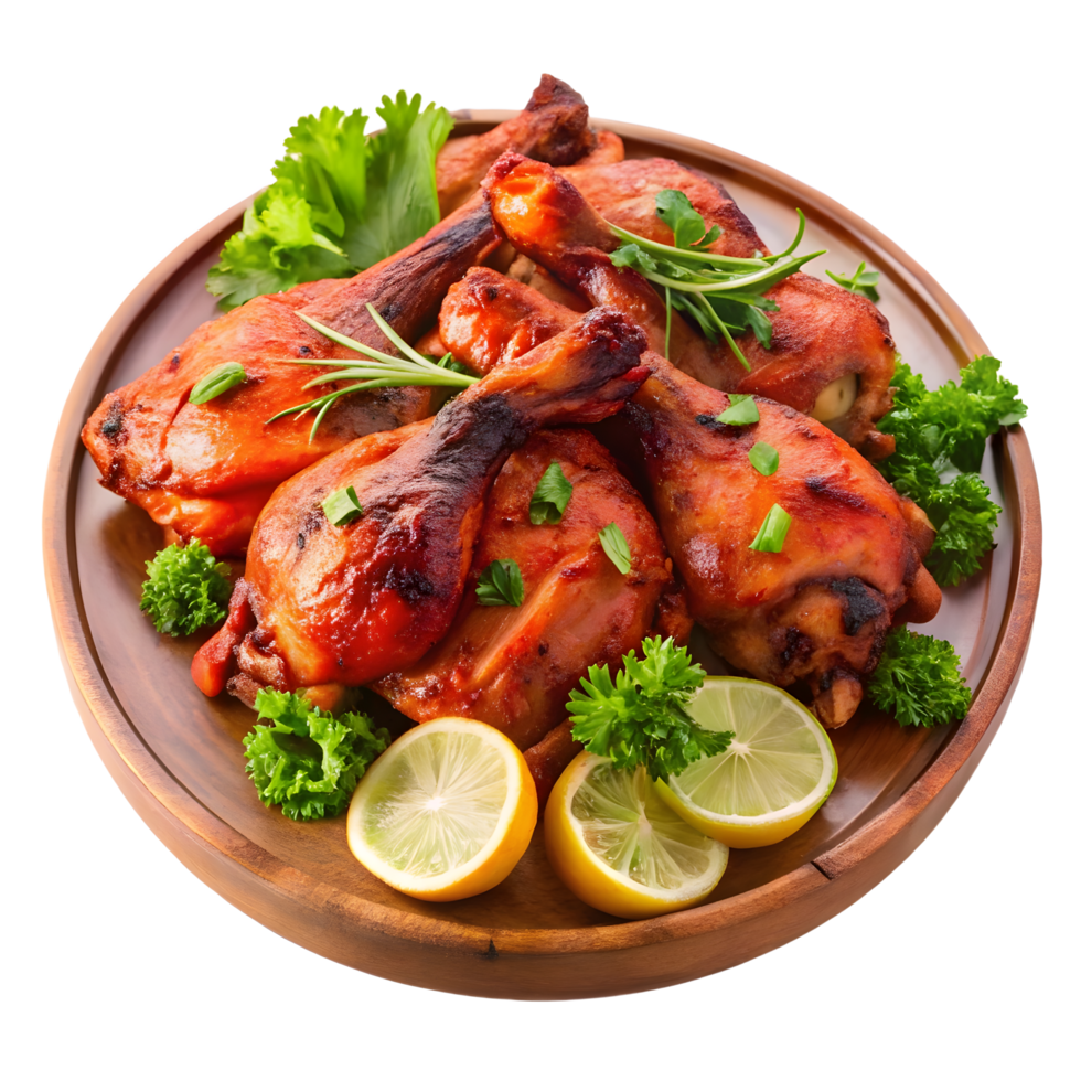 Chicken with lemon and herbs on a wooden plate png