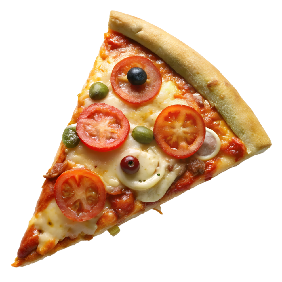 A slice of pizza with tomatoes, olives, and cheese png