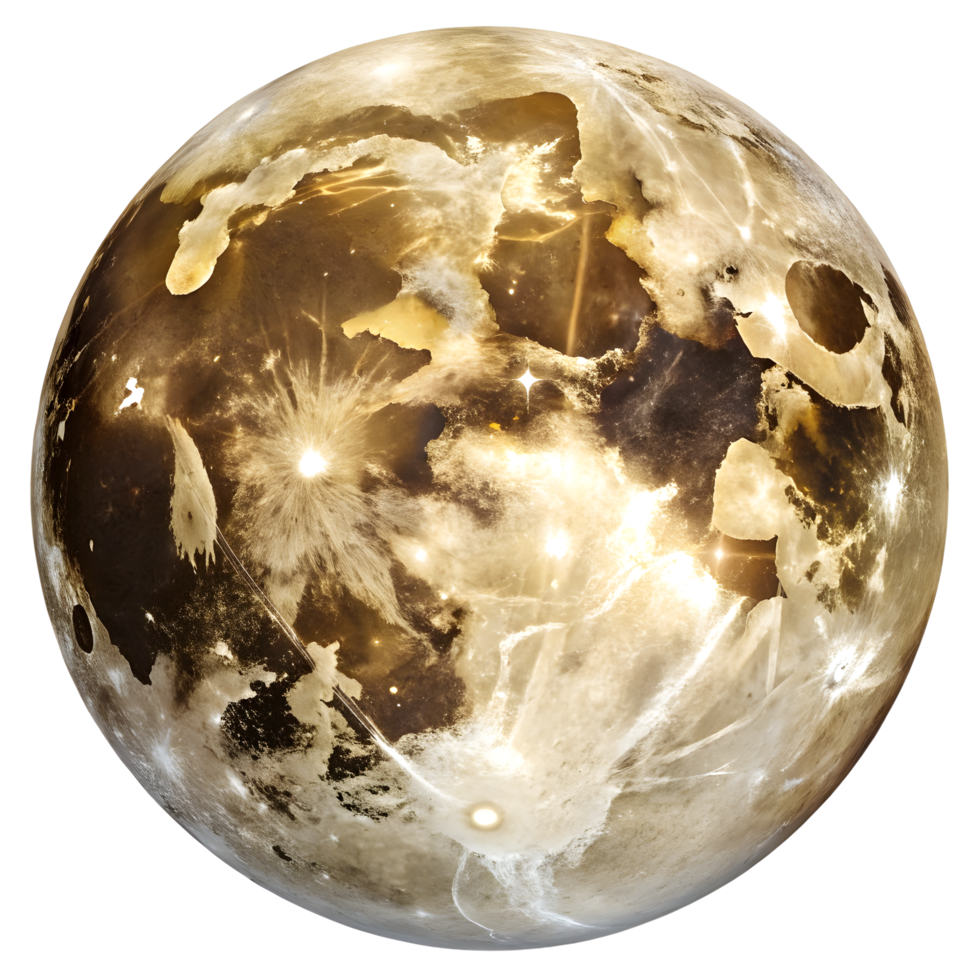A large, round, golden planet with stars and clouds png