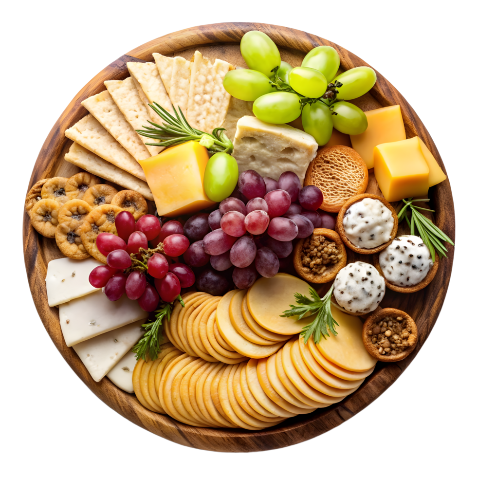 A cheese platter with grapes, crackers, crackers, grapes, crackers, grapes png