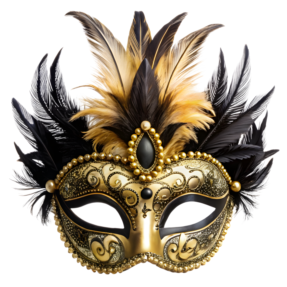 A gold and black mask with feathers png