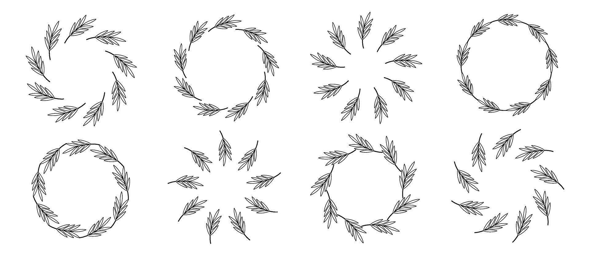 Set of round garland with twigs and leaves. Black and white linear illustration. Floral wreath with empty space for text. Contour drawing plant elements in circle. vector