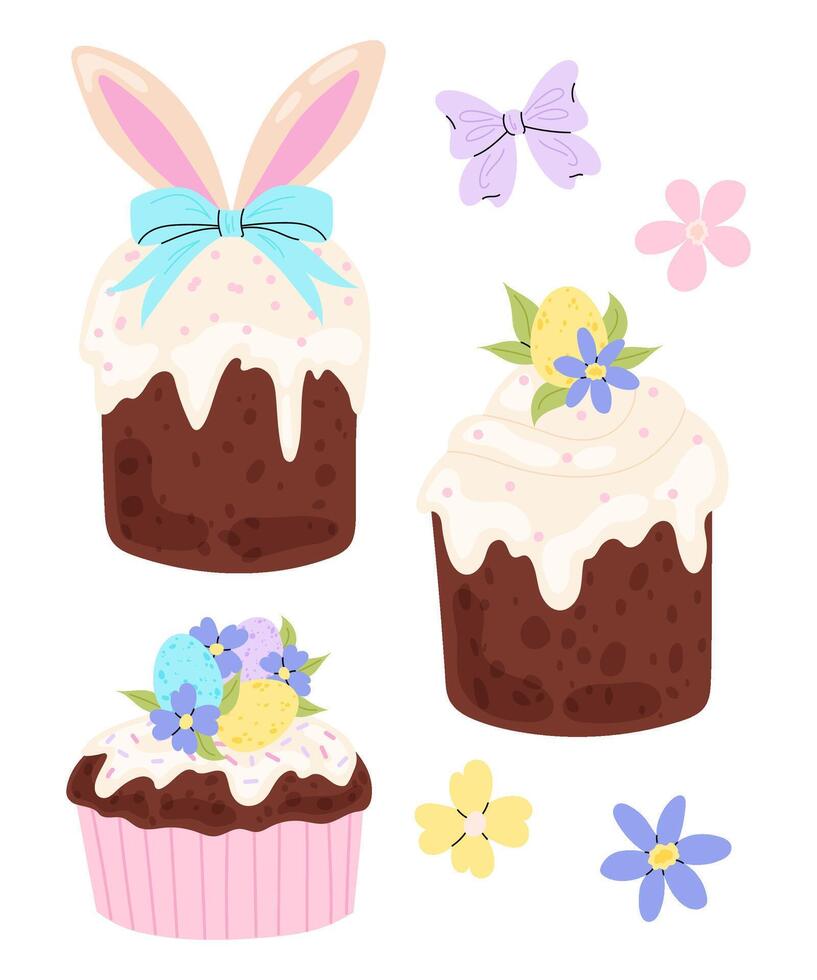 Set chocolate Easter cakes decorated with flowers, bows, bunny ears and Easter eggs. Christian spring holiday. vector