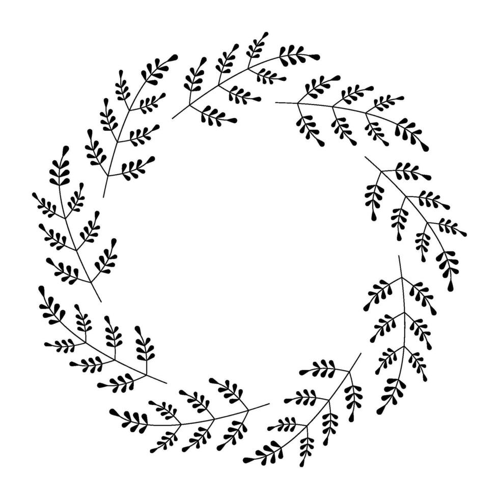 Floral wreath with twigs and leaves. Black and white illustration. Design for greeting card, poster, banner and logo with empty space for text. vector