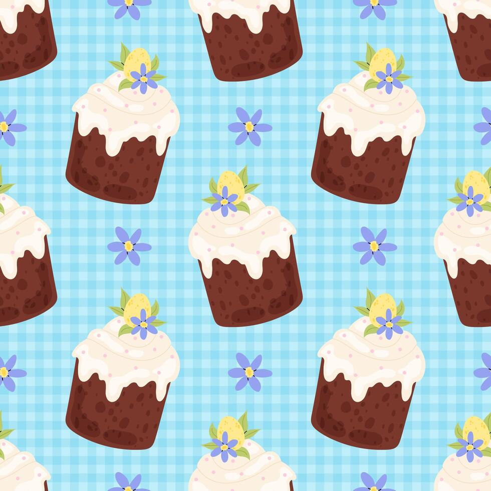 Easter Background. Easter cake with flower and egg on blue chequered background. Seamless pattern for textile, wrapping paper, postcards or covers. vector