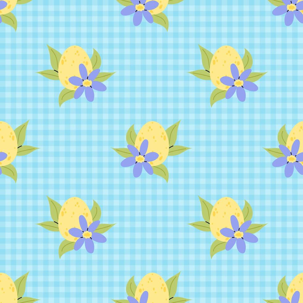 Easter Background. Easter egg with flower on blue chequered background. Seamless pattern for textile, wrapping paper, postcards or covers. vector