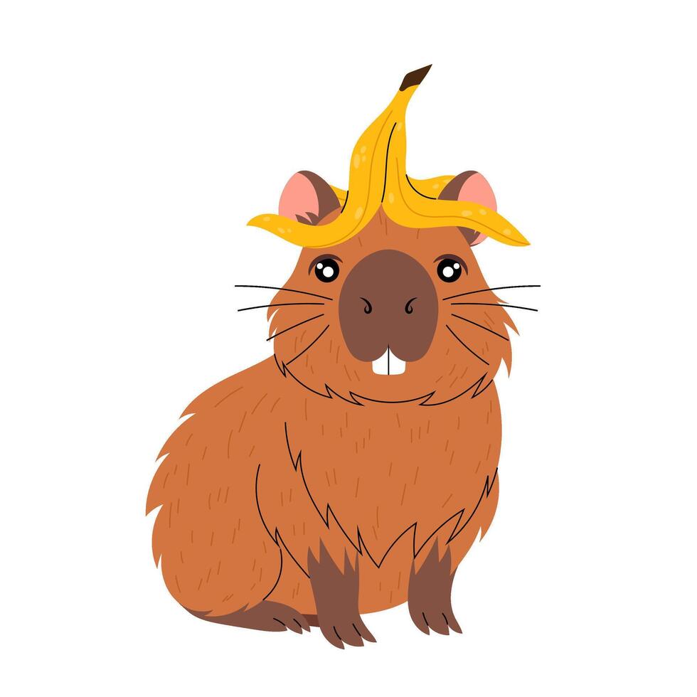 Funny capybara with banana peel on head. Kawaii herbivorous rodent. Hand drawn illustration on white background. Banana skin. vector