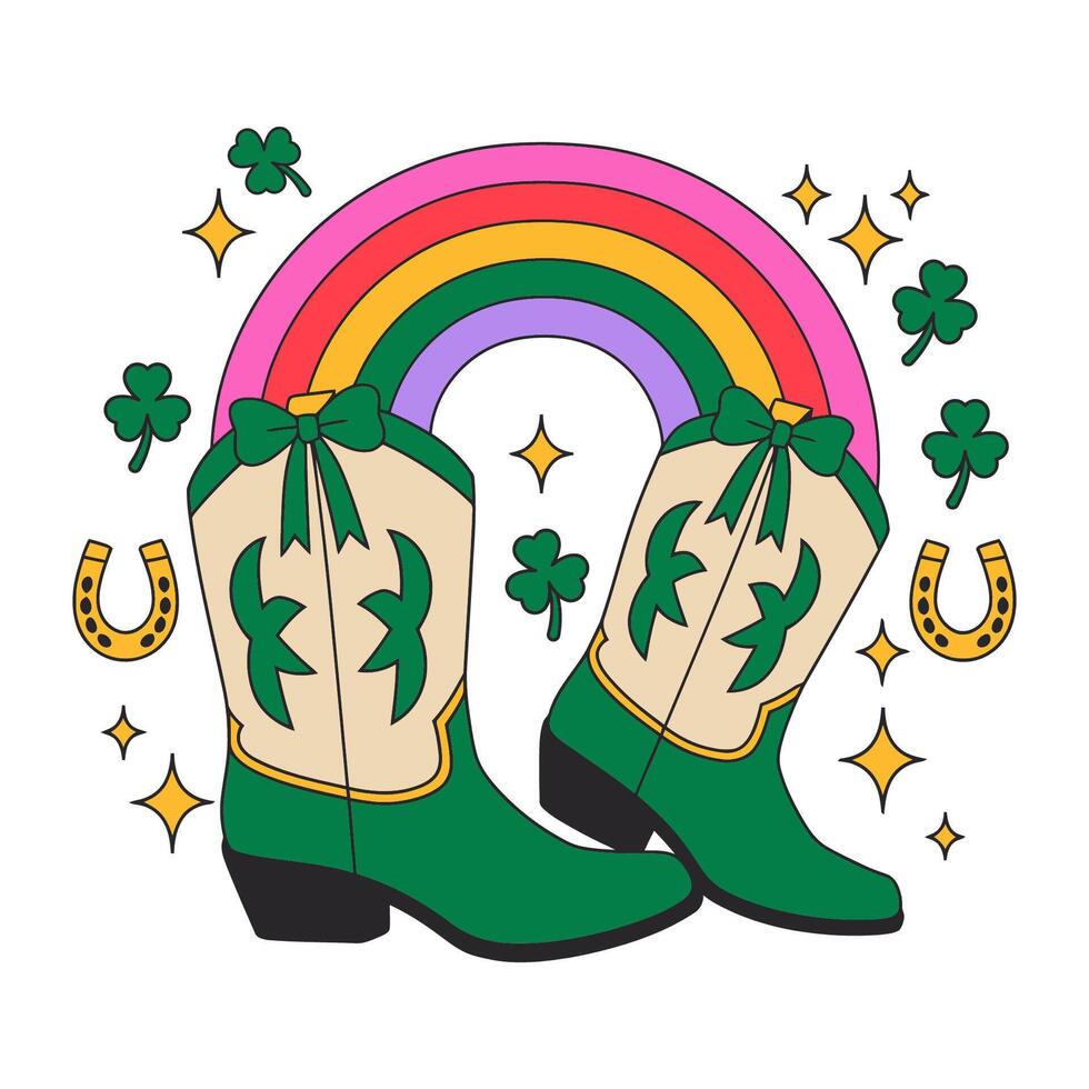 St. Patrick's Day Cowboy Boots with Rainbow and Shamrocks Illustration vector