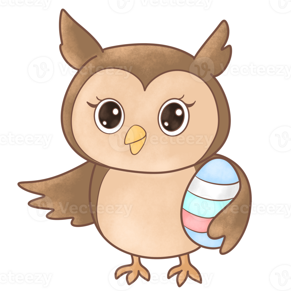 A hand-drawn owl standing while holding a beautifully colored Easter egg, png