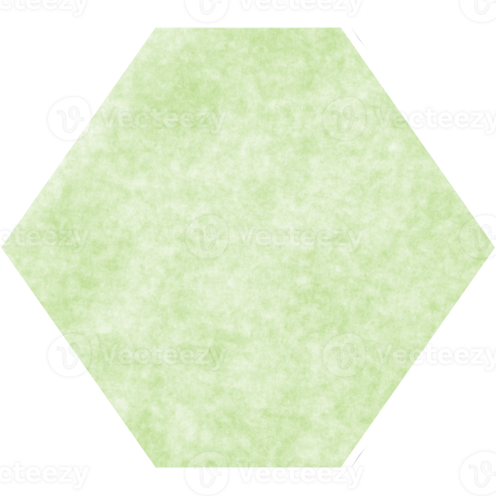 A green hexagon with a watercolor texture on paper. png