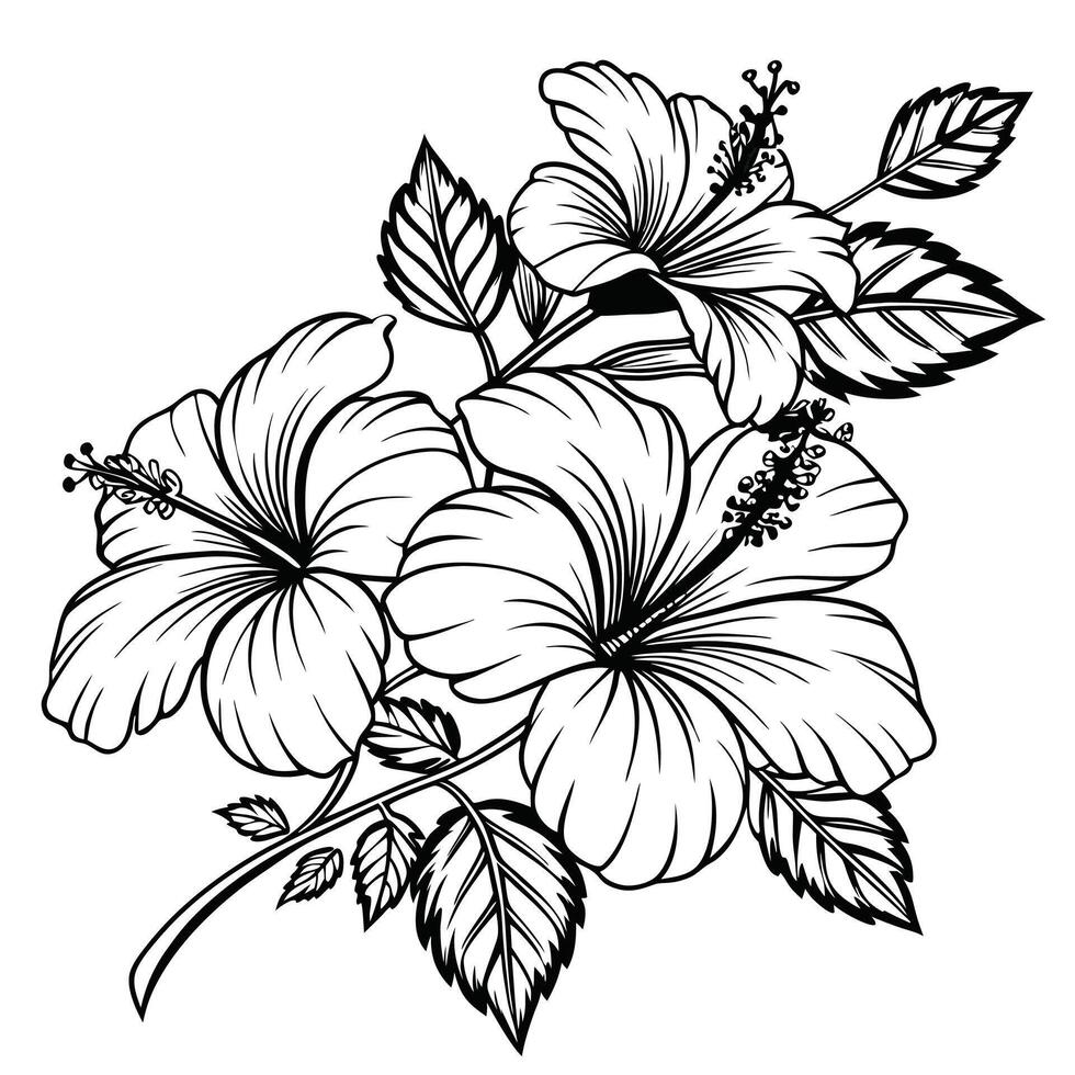 black and white line art illustration of a hibiscus flower and leaves. vector