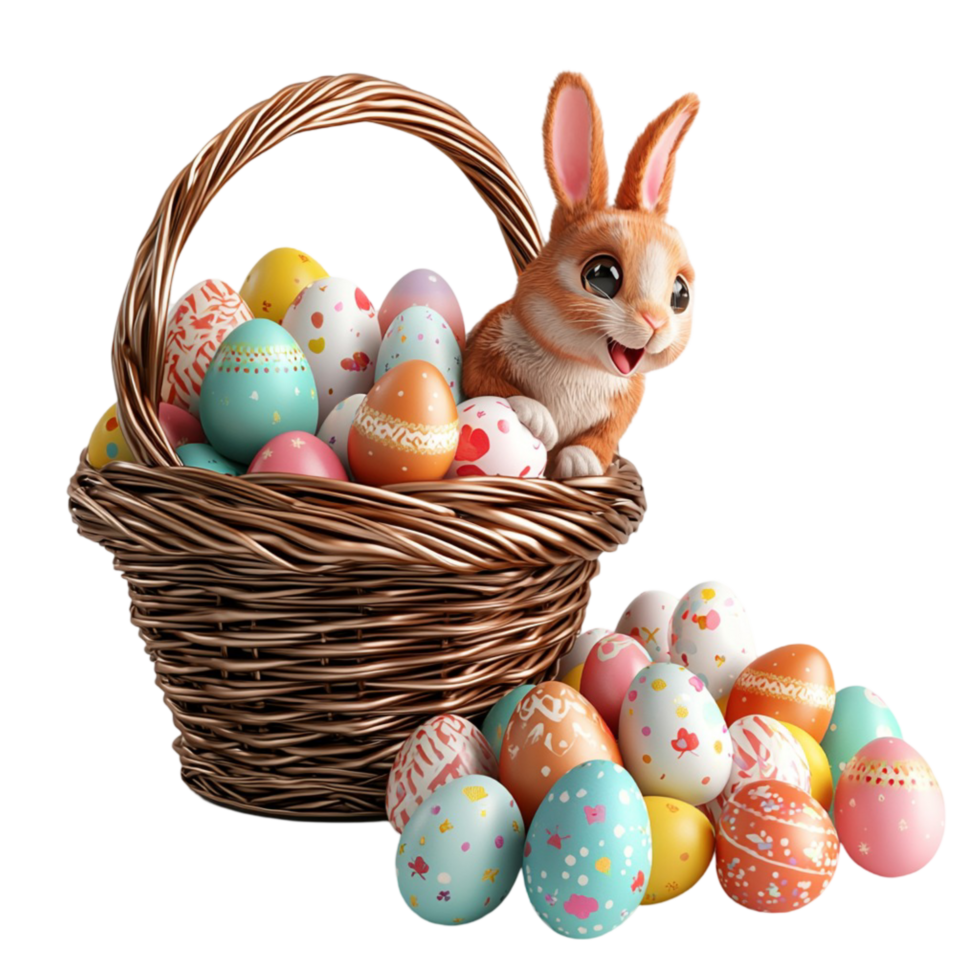 Easter Basket with Bunny and Colorful Eggs png