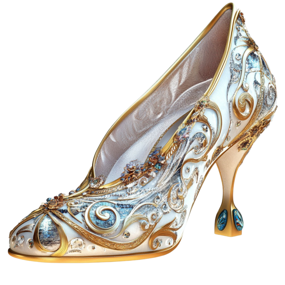 Elegant glass slipper with intricate gold detailing high heel shoe png