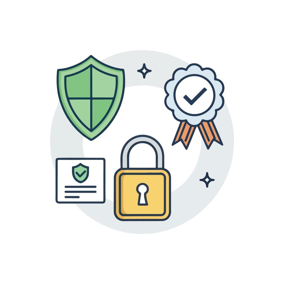A security icon with a shield, badge and certificate vector