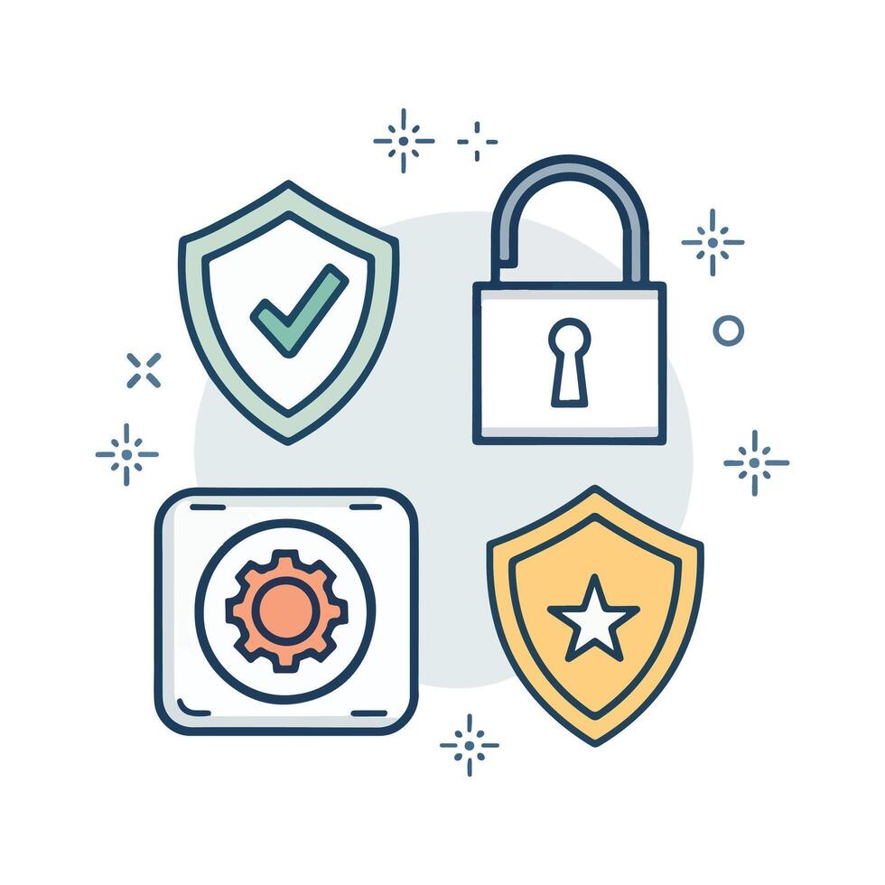 A set of icons that include a lock, a star, and a shield vector