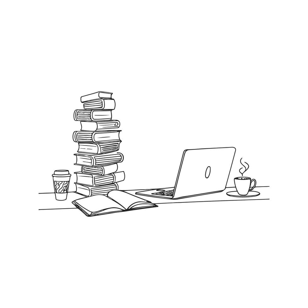 A drawing of a laptop and books on a desk vector