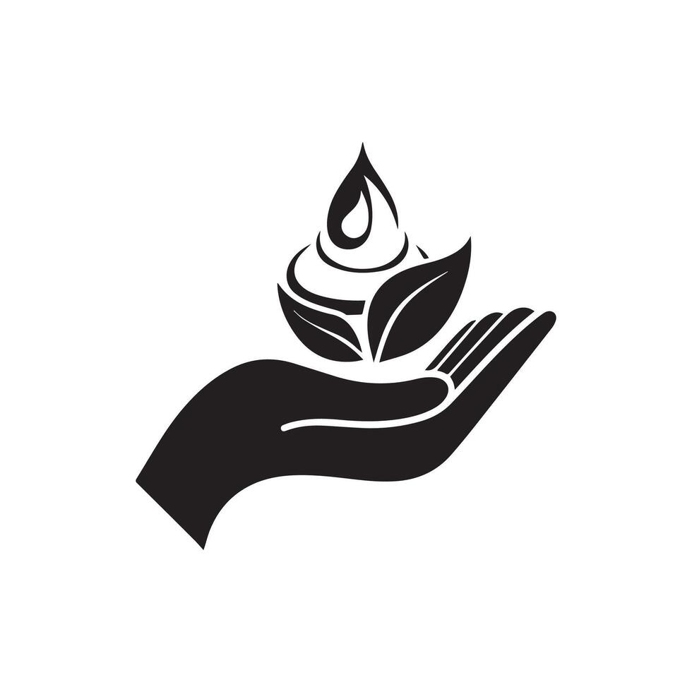 Hand holding a leaf and drop of water icon vector