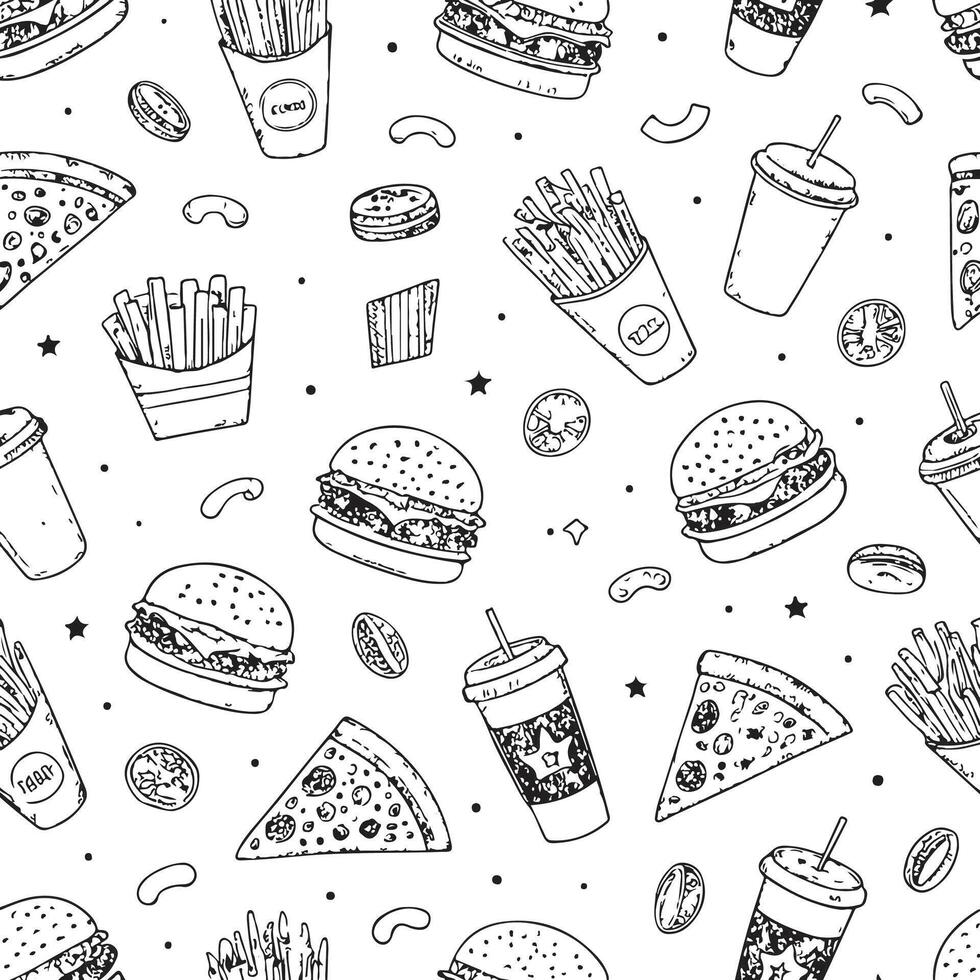 Fast food seamless pattern with hamburger, fries and soda vector