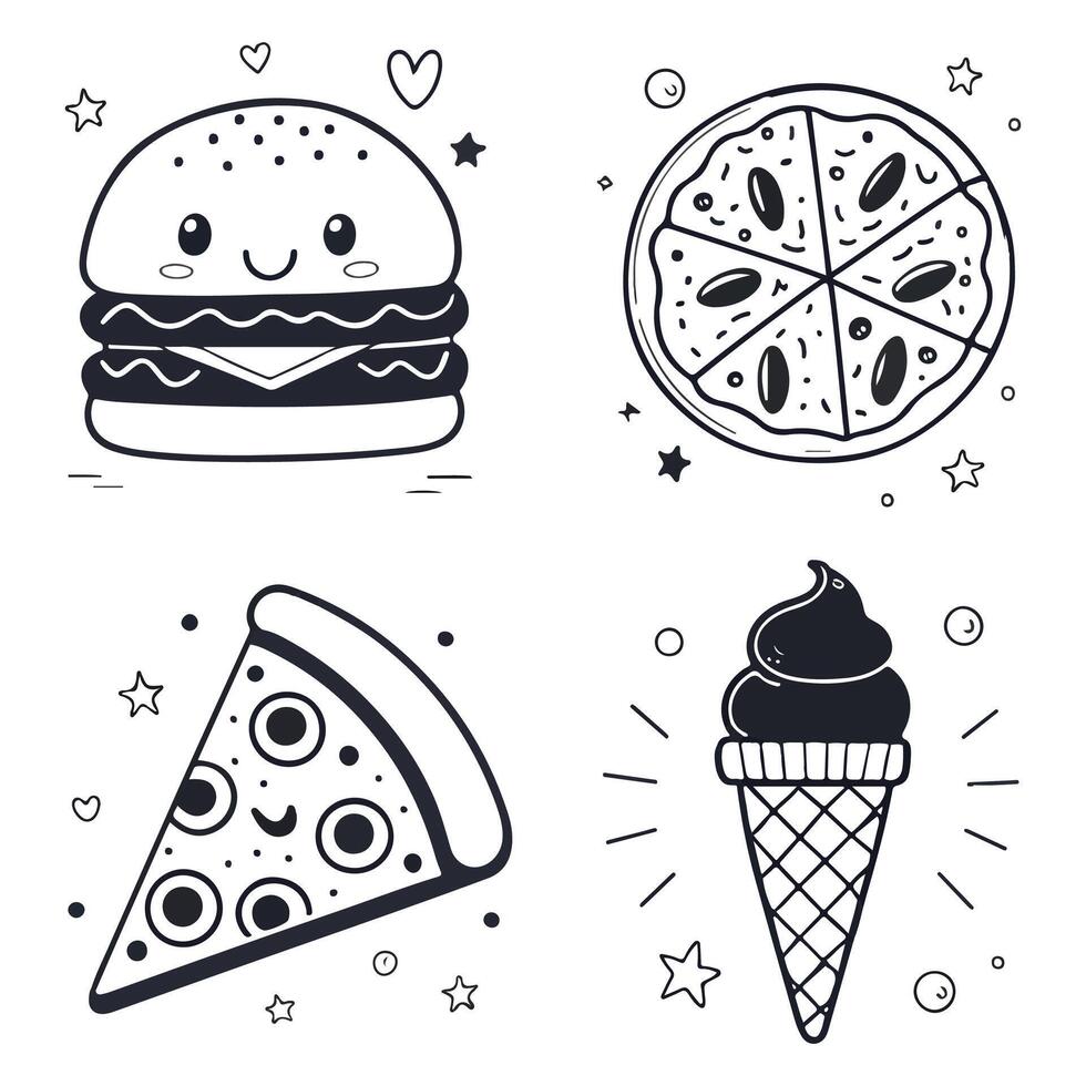 Four different types of food icons, including pizza, hamburger, ice cream and more vector