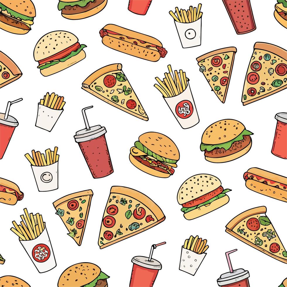 Fast food seamless pattern with hamburger, fries and soda vector