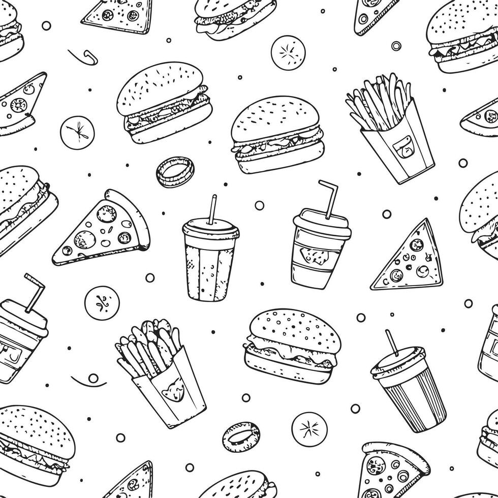 Fast food seamless pattern with hamburger, fries and soda vector