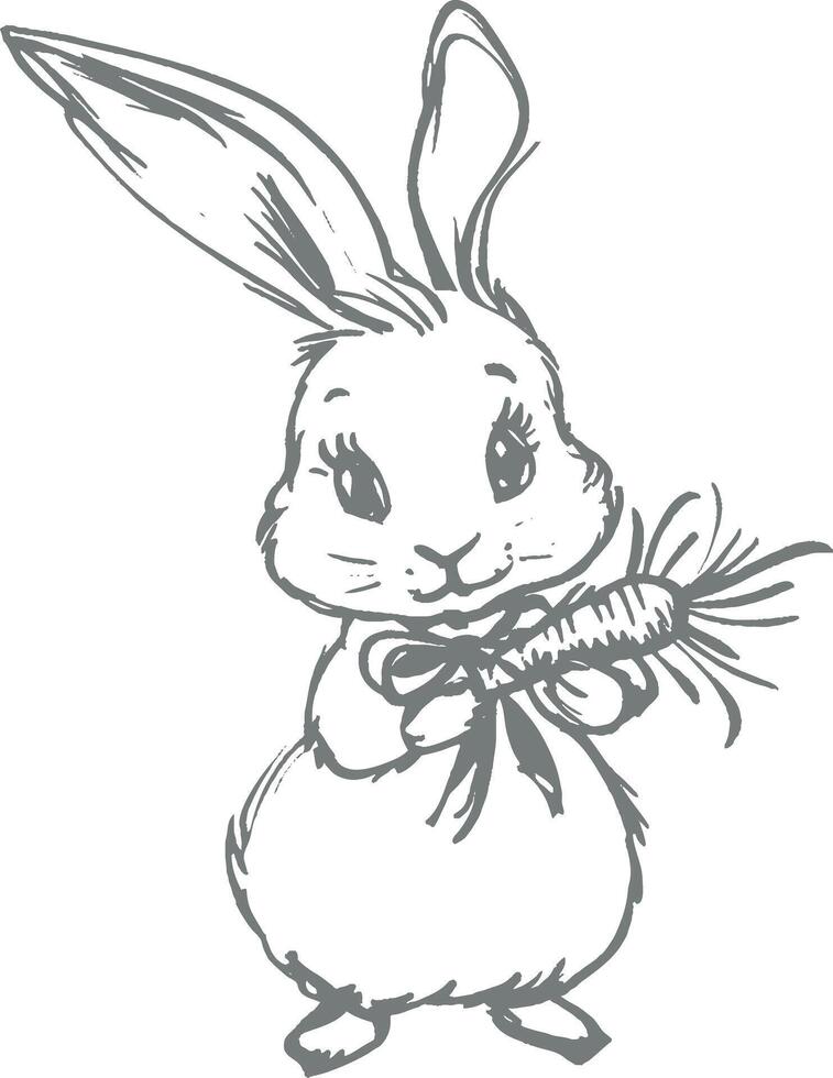 Cute Easter bunny holding carrot with ribbon, hand-drawn vintage monochrome sketch, adorable rabbit with big ears, festive holiday animal illustration, detailed artistic design, spring symbol vector