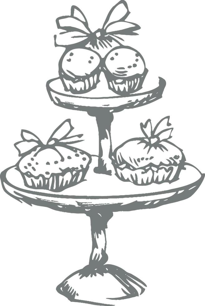 Vintage cupcake display stand with decorated pastries, hand-drawn monochrome sketch, detailed bakery illustration, festive dessert arrangement, artistic retro engraving, classic sweet treats vector