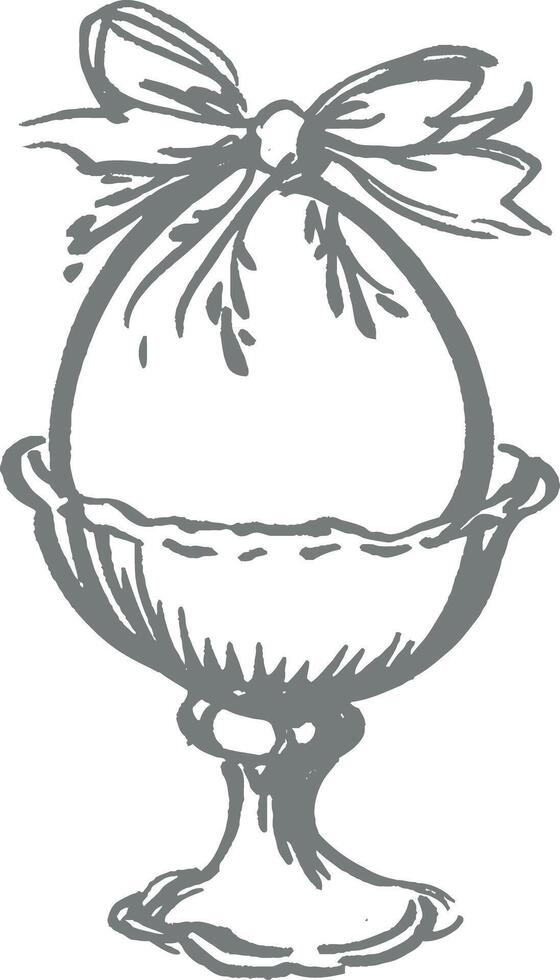 Easter egg with decorative bow in ornate cup, vintage hand-drawn monochrome sketch, holiday celebration symbol, traditional artistic illustration, detailed festive design, spring decoration vector